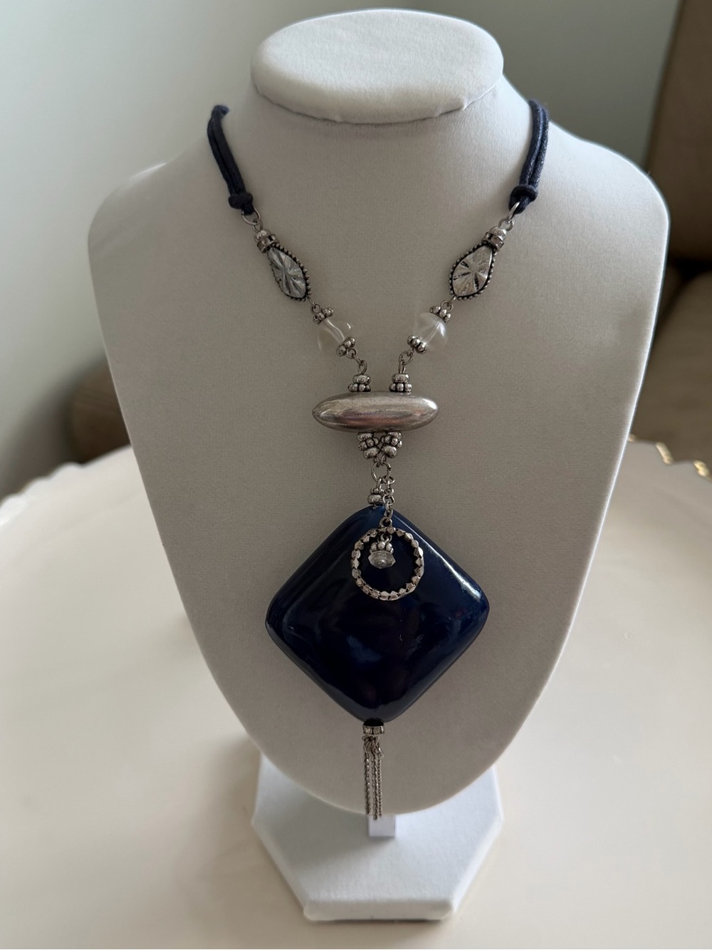 Chico's Long Blue Resin Square Pendant Tassel Necklace